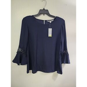 Valerie Stevens Bell Sleeve Blouse Crochet Trim Navy Blue Top Size L